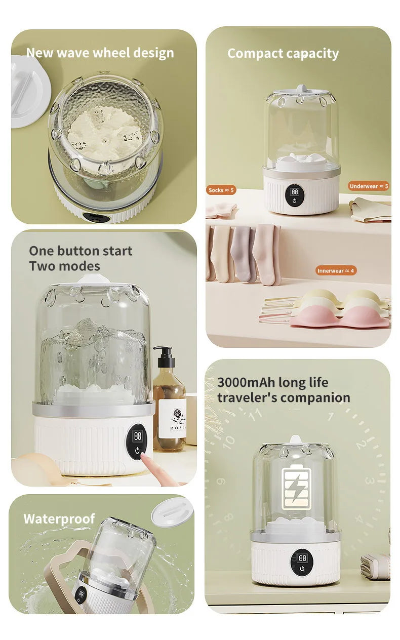 Wireless 1L Mini Washing Machine Portable Underwear Cleaner Socks Washing Machine Dehydratable Laundry Bucket